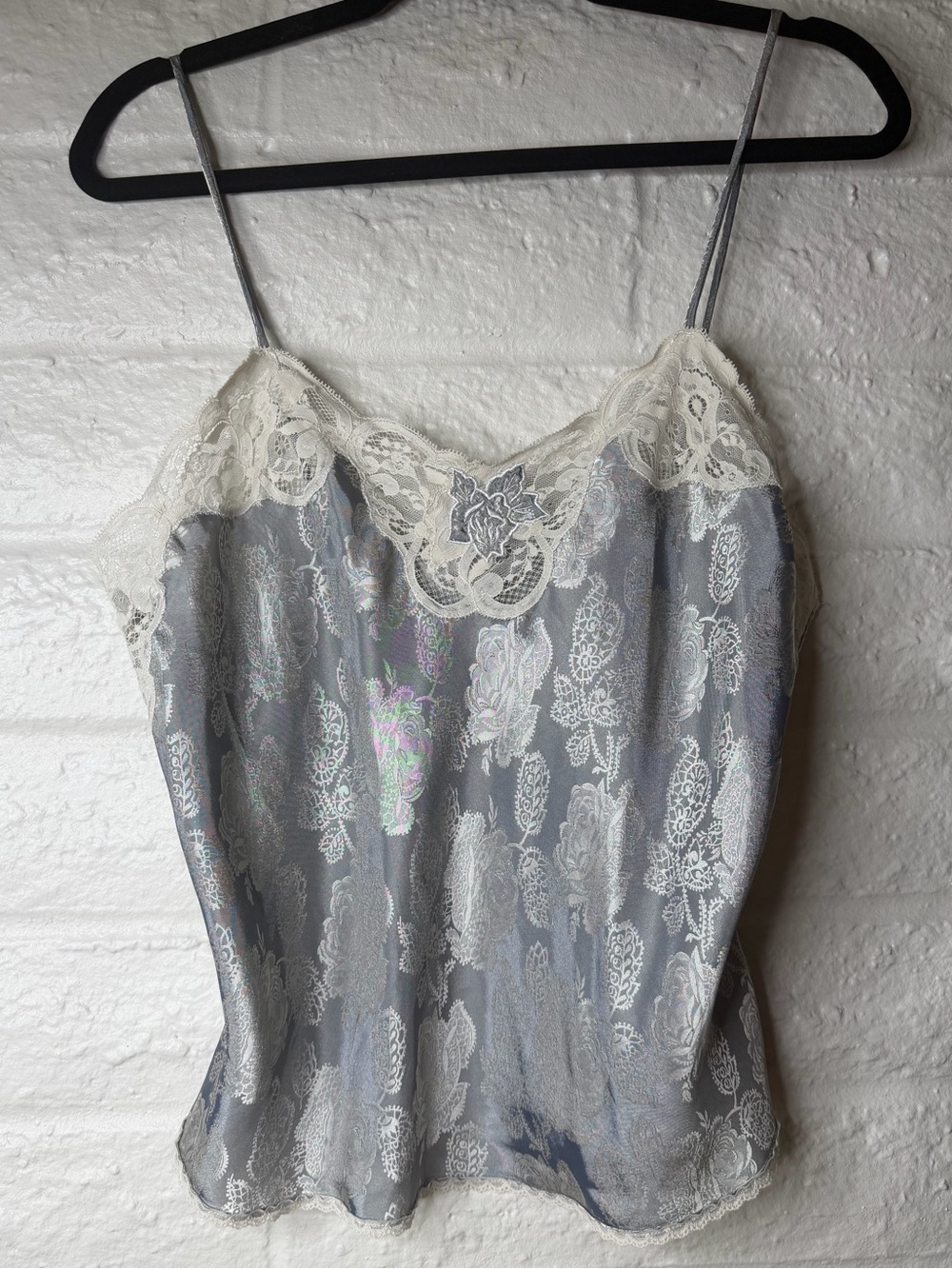 1970s Vintage Natori Gray Camisole Lace Trim Neiman Marcus Floral